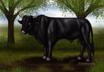 monochrome black white Painting - black bull under tree